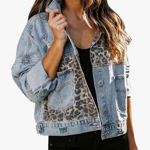 Amazon Light Blue Denim Jacket with Leopard Print